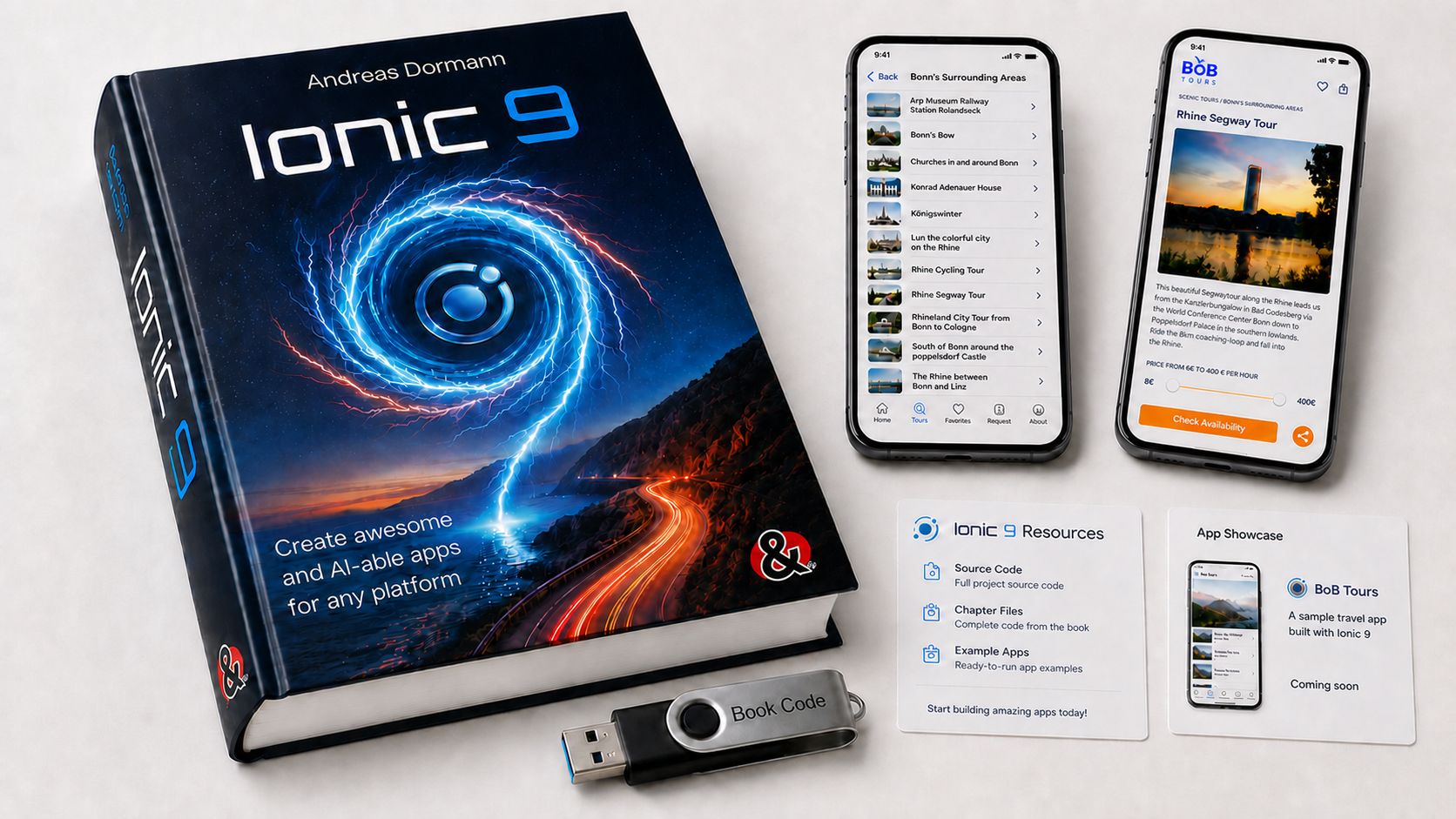 Ionic 9 book, Book Code USB drive, BoB Tours screens and preview cards for forthcoming book resources.
