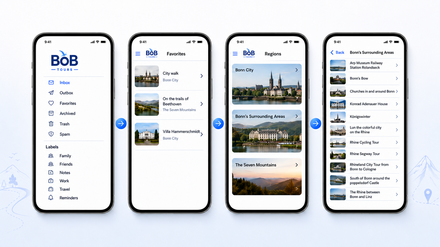 Four BoB Tours phone screens showing the app progressing from a simple menu shell to favourites, regions and a full tour list.